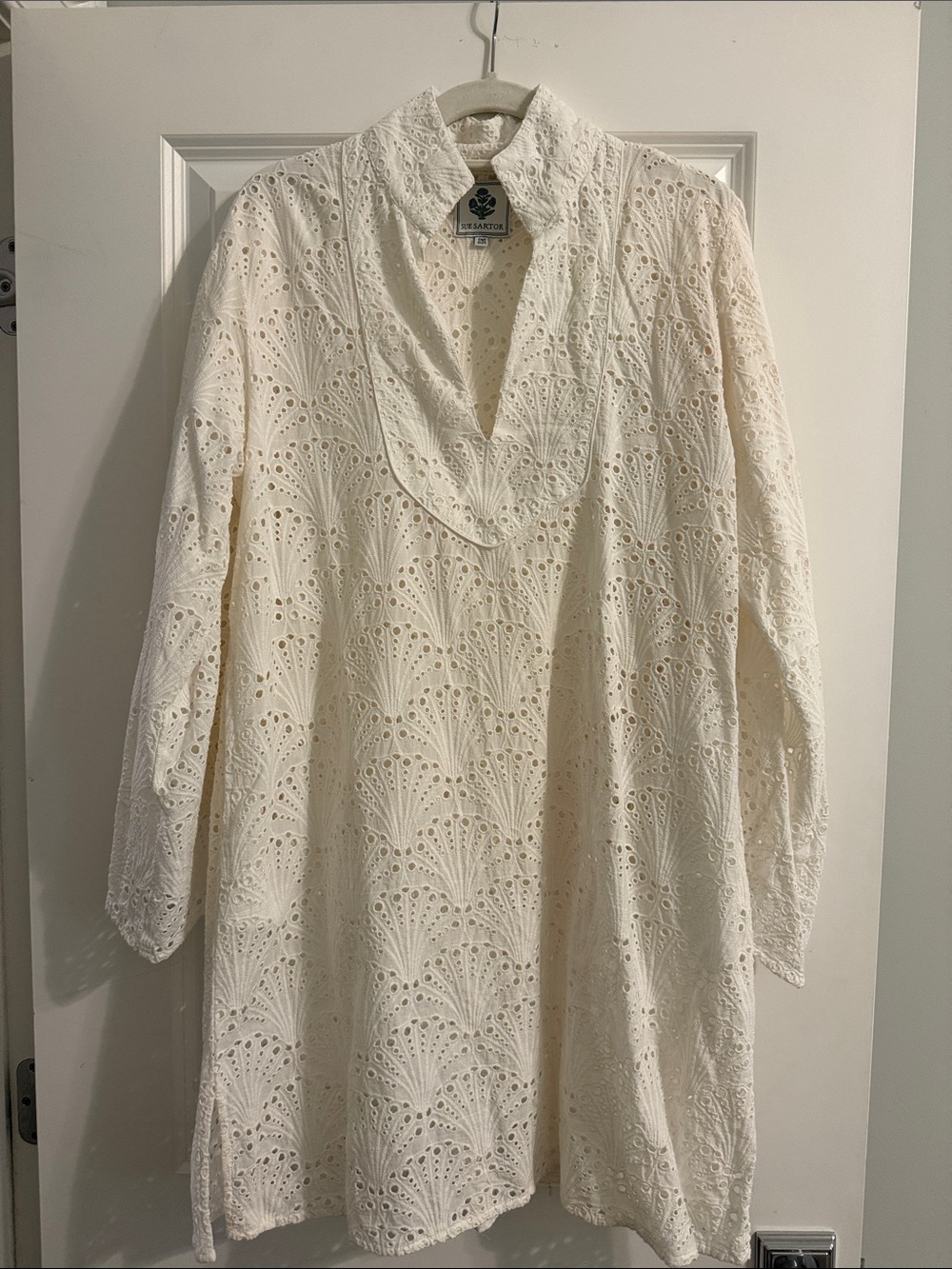 SUE SARTOR taj mini kaftan scallop shell eyelet coverup